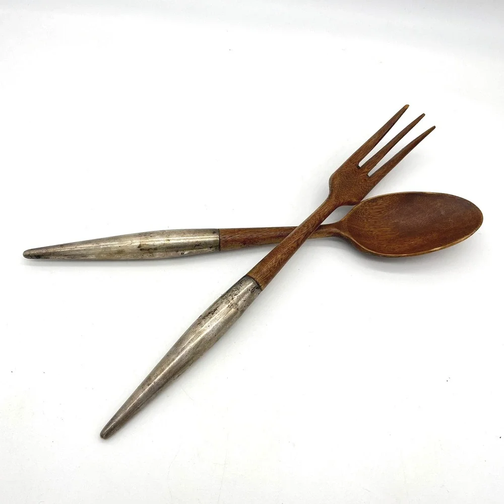 Vintage Mid Century Modern Teak Wood and Sterling Silver Salad Serving Set‎